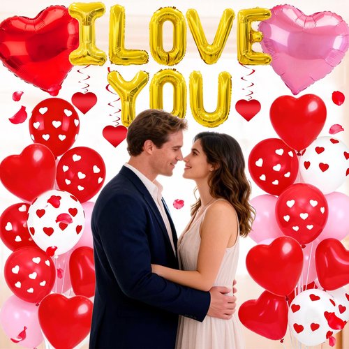 Valentines Day Decor Kit, Happy Anniversary Decorations with I Love You Balloons 1000Pcs Silk Red Rose Petals Romantic Heart Balloon for Wedding Anniversary Valentines Day Decorations