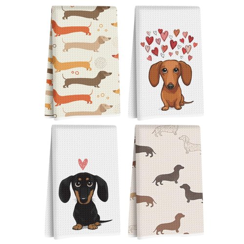 4 Pcs Dachshund Kitchen Towels 24x14 Inch, Dachshund Gifts Reusable Dish Towels for Kitchen Bathroom Decor, Waffle Weave Absorbent Hand Cloth Tea Towel, Cute Weiner Dog Gifts for Women Mom Friend