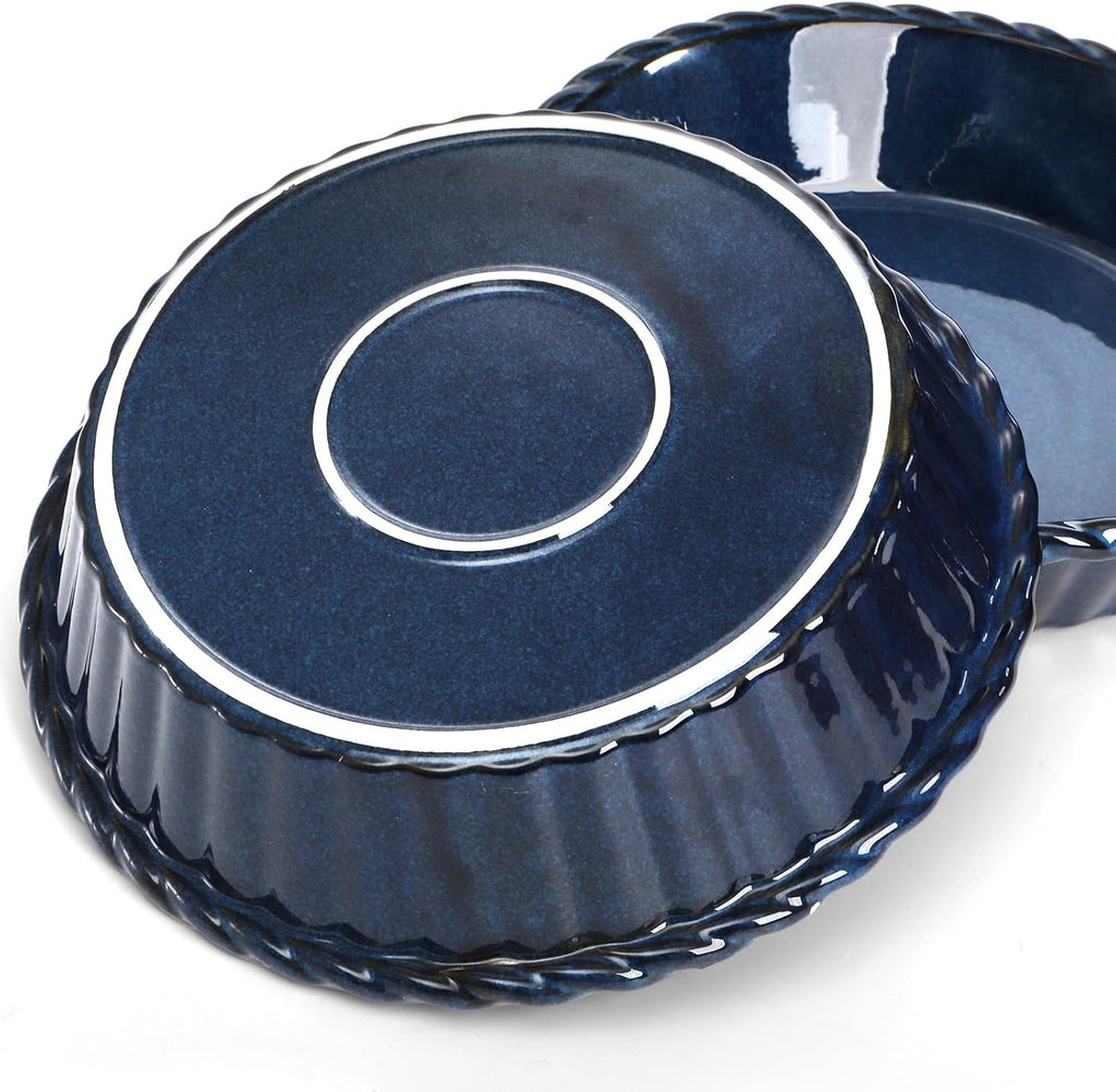 Peohud 10-Inch Deep Fluted Ceramic Pie Pans - 2 Pack Round Baking Dishes for Quiche & Pies | Blue