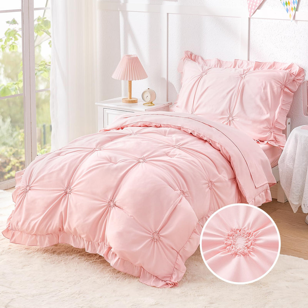 Wowelife Princess Toddler Bedding Set for Girls, Boho Toddler Bed Set, 4 Pieces Ruffles Jacquard Embroidery Toddler Comforter with Comforter, Fitted Sheet, Flat Sheet and Pillowcase, Pink