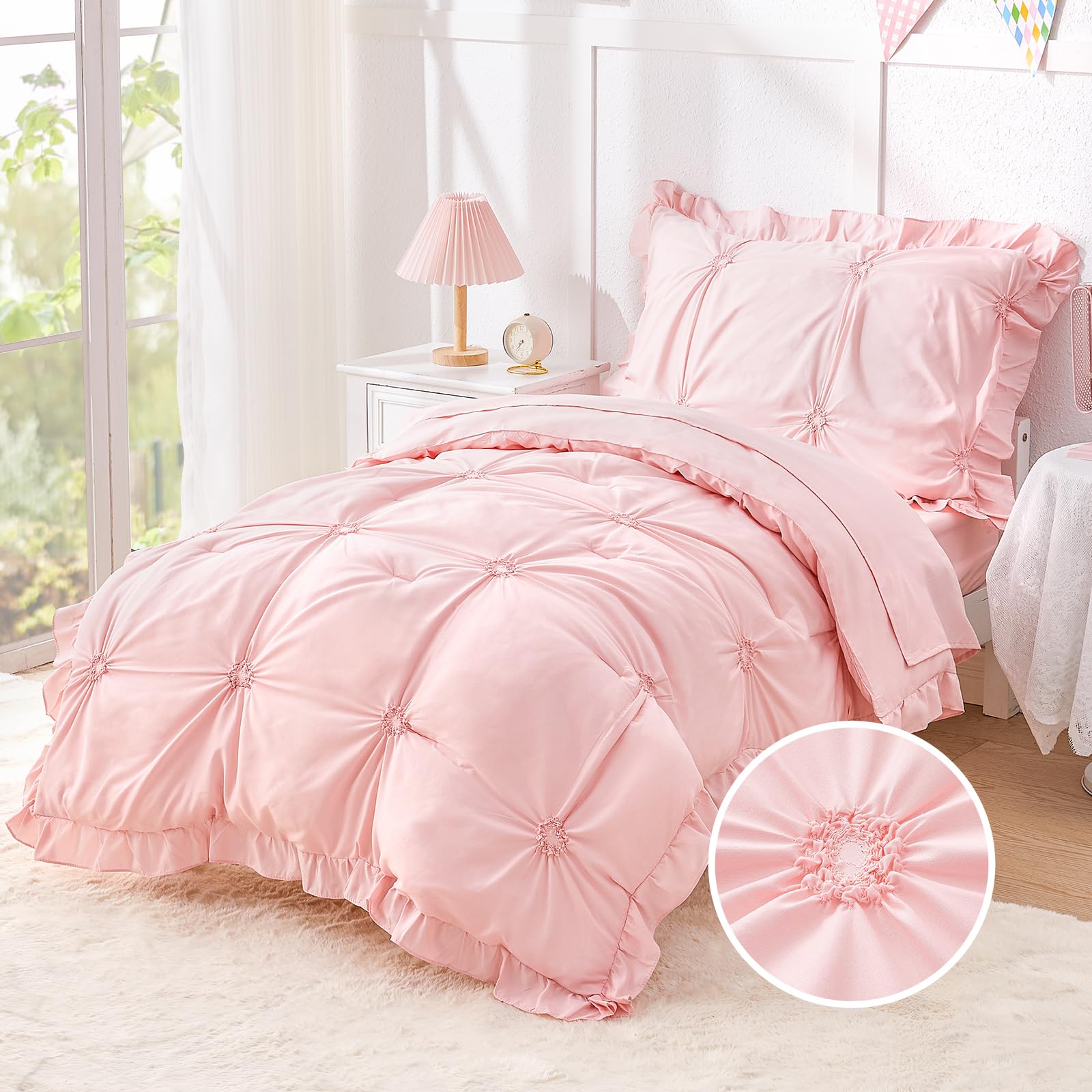 Wowelife Princess Toddler Bedding Set for Girls, Boho Toddler Bed Set, 4 Pieces Ruffles Jacquard Embroidery Toddler Comforter with Comforter, Fitted Sheet, Flat Sheet and Pillowcase, Pink