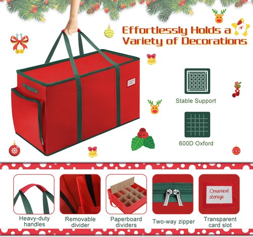HKQ Large 2-in-1 Christmas Ornament Storage Box & Xmas Figurine Container,4 Separate Trays Keep 64-3"/ 36-4" Holiday Ornaments,Adjustable Extent Area for Figurines and Pockets for Decoration