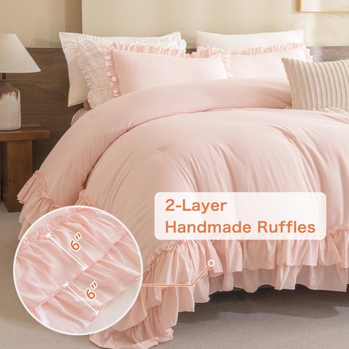 Masaca Kids Twin Ruffle Comforter Set - Shabby Boho Chic Farmhouse Rustic Bedding - 3-Piece Set (1 Ruffled Blush Comforter, 2 Pillowcases)