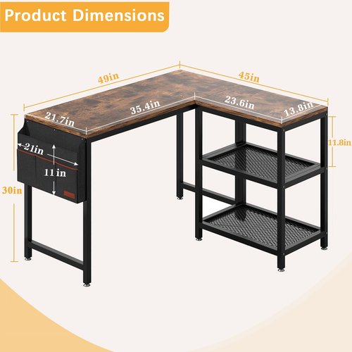 VECELO 49 Inches L Shaped Desk, Computer Desk with Storage Shelves & Bag, Corner Desk Home Office Desks, Writing Desk Study Desk with Metal Frame, Rustic Brown