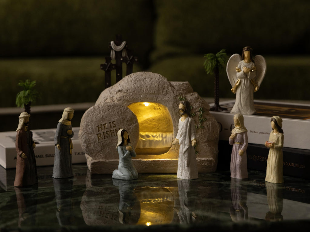 Easter Decorations for Home – 11 Pieces LED Resurrection Scene Set with Empty Tomb & Cross Shaped Resin Table Decor, Jesus Statue Set, Christian Easter Table Decorations & Mantel Decorations