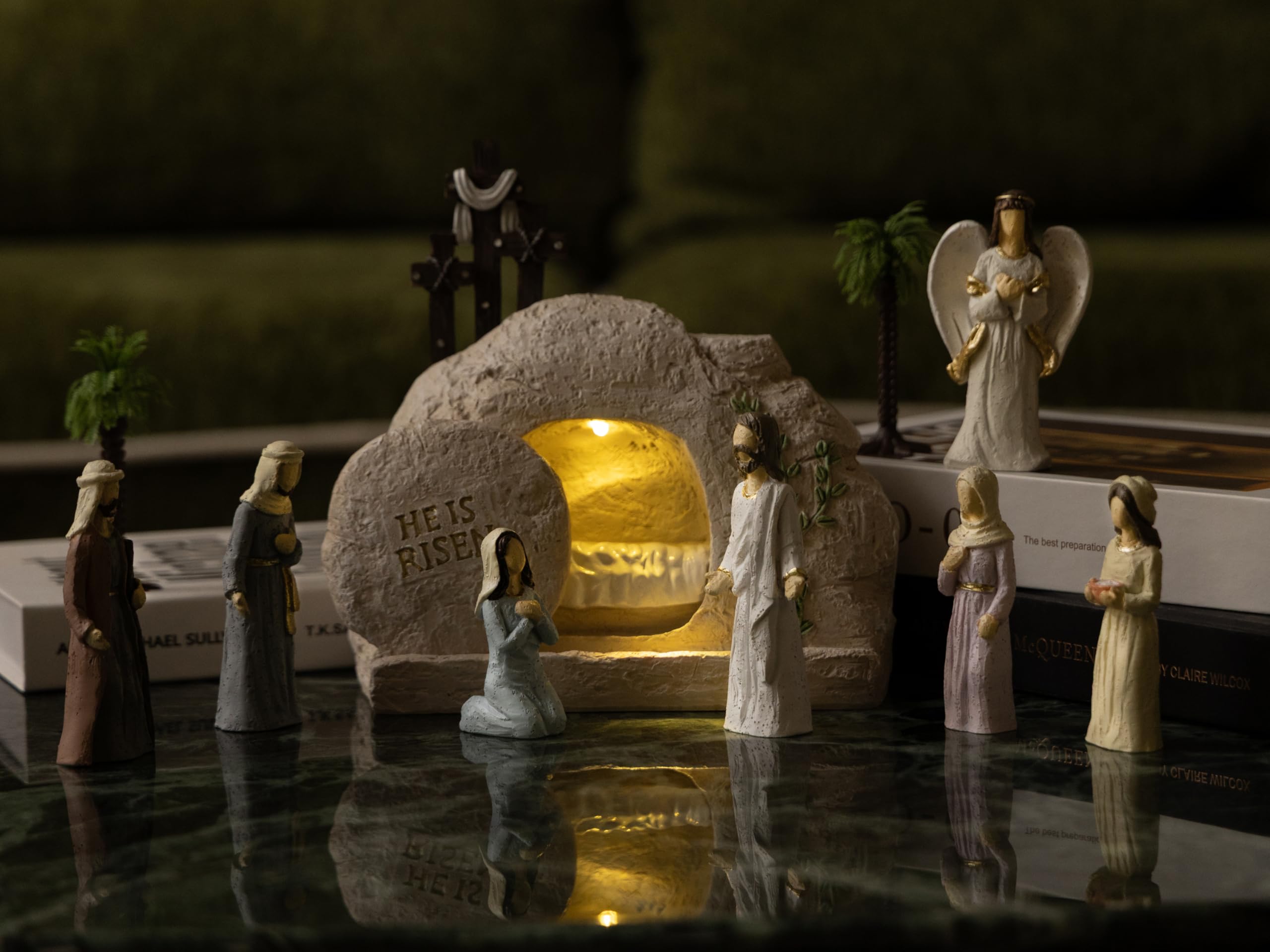 Easter Decorations for Home – 11 Pieces LED Resurrection Scene Set with Empty Tomb & Cross Shaped Resin Table Decor, Jesus Statue Set, Christian Easter Table Decorations & Mantel Decorations