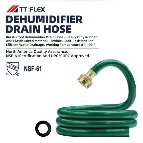 TT FLEX Burst-Proof Dehumidifier Drain Hose – 5 FT Green Rubber, 3/4" FHT, Heavy Duty, Flexible, Leak-Resistant for Efficient Water Drainage,CUPC and NSF-61 Certificated