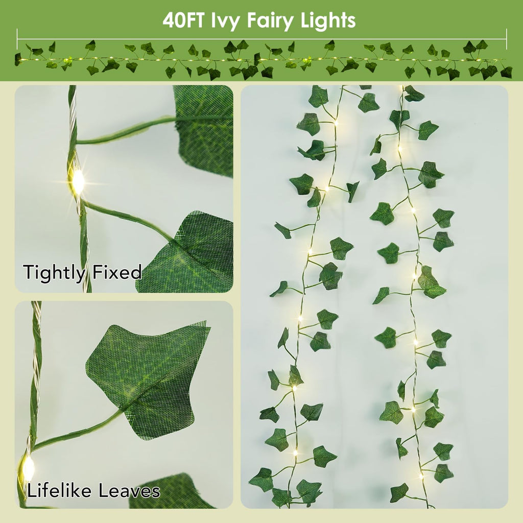 Skiennix 40ft LED Vine Fairy Lights - Battery Operated Ivy String Lights with Remote & Timer | Warm White for Indoor Decor