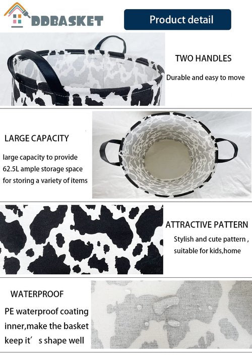 DDBASKET Cow Print Laundry Basket Baby Nursery Clothes Hamper Collapsible Toy Storage Bin Organizer with Handles for Kids,Boys and Girls Room Decor(Cow)