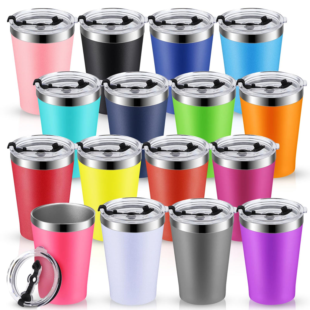 Potchen 16 Pack 12 oz Stainless Steel Insulated Tumbler Bulk with Lids Small Tumblers Vacuum Double Wall Coffee Cups Powder Coated Travel Mug Ideal for Hot and Cold Drinks Home Office Car, 16 Colors
