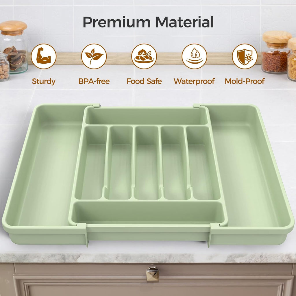 Ukeetap Extra Large Expandable Silverware Organizer - BPA-Free Cutlery Holder for Kitchen Drawers | Green