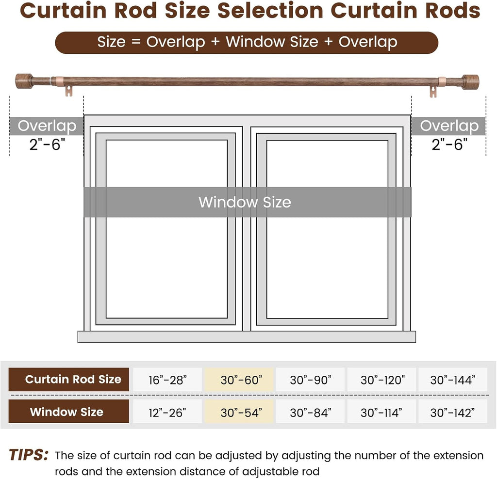 Matte Wood Grain Curtain Rod by [Brand Name] - Heavy Duty Adjustable 30-60 Inch for 30-54 Inch Windows