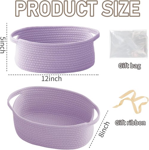JMvicyroam Woven Storage Baskets - Small Rope Organizer with Handles for Shelves & Closets | Purple, 3-Pack