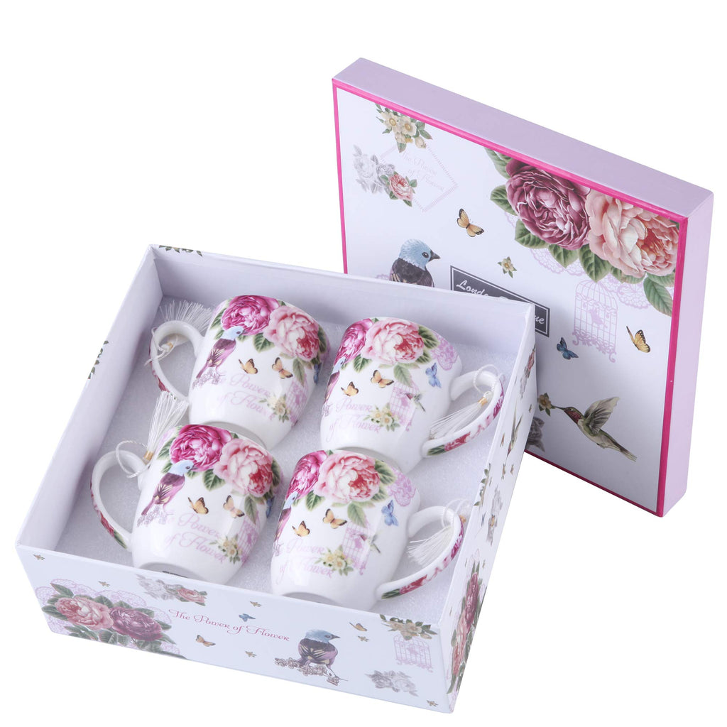 London Boutique Tea Coffee Cup Mug Set 4 Porcelain Bird Rose Butterfly Shabby Chic design in Gift Box 330ML 11oz