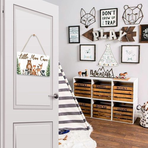 Uflashmi Wood Liitle Man Cave Sign, Woodland Animal Nursery Wall Decor for Baby Boys Room, Woodland Theme Nursey Room Decor for Toddler Boy, 12”x6”