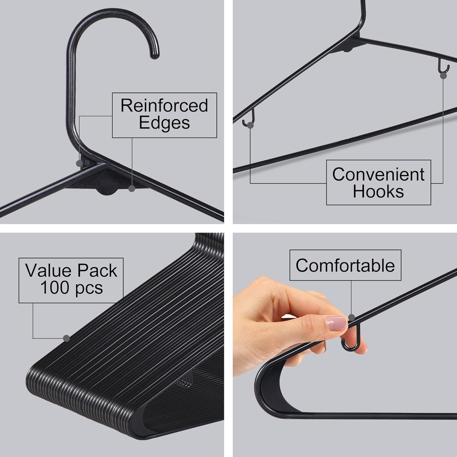 SUPER DEAL Plastic Hangers - 100 Pack Heavy-Duty Clothes Hangers with Double Hooks | Space-Saving Black Design
