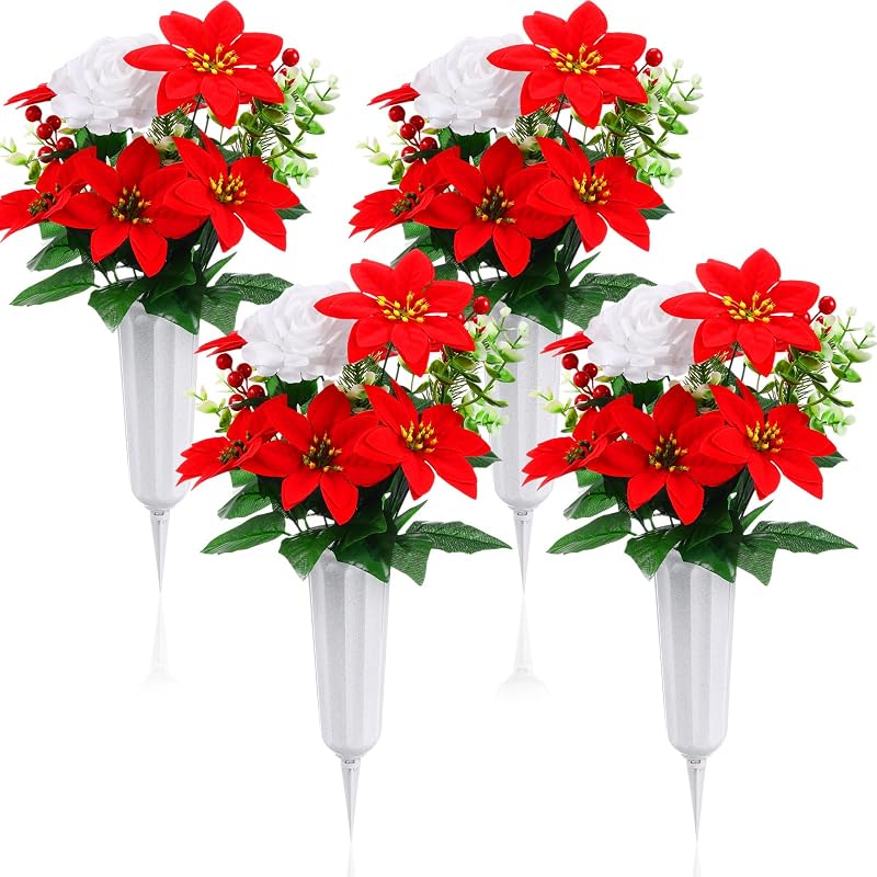 4 Set Christmas Flowers for Cemetery - Artificial Poinsettia with Grave Vase (Variation: 4+Poinsettia)