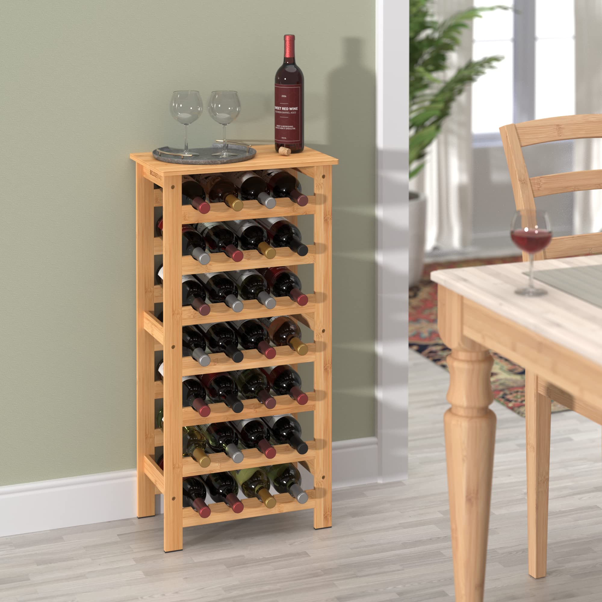 ClosetMaid 28 Bottle Standing Floor Wine Storage Rack Tower with Top Shelf, Bamboo Wood