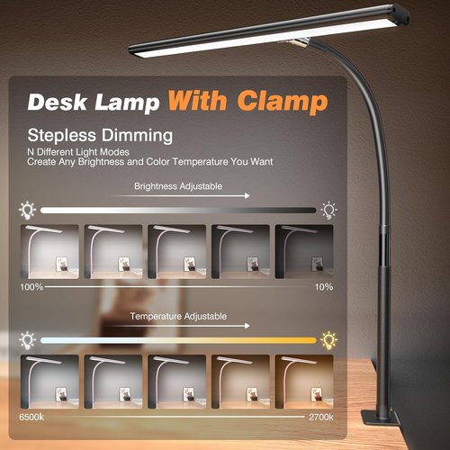 Airlonv LED Desk Lamp - Eye-Caring Adjustable Gooseneck Light with Stepless Dimming | 10W USB Clamp Lamp (Black)