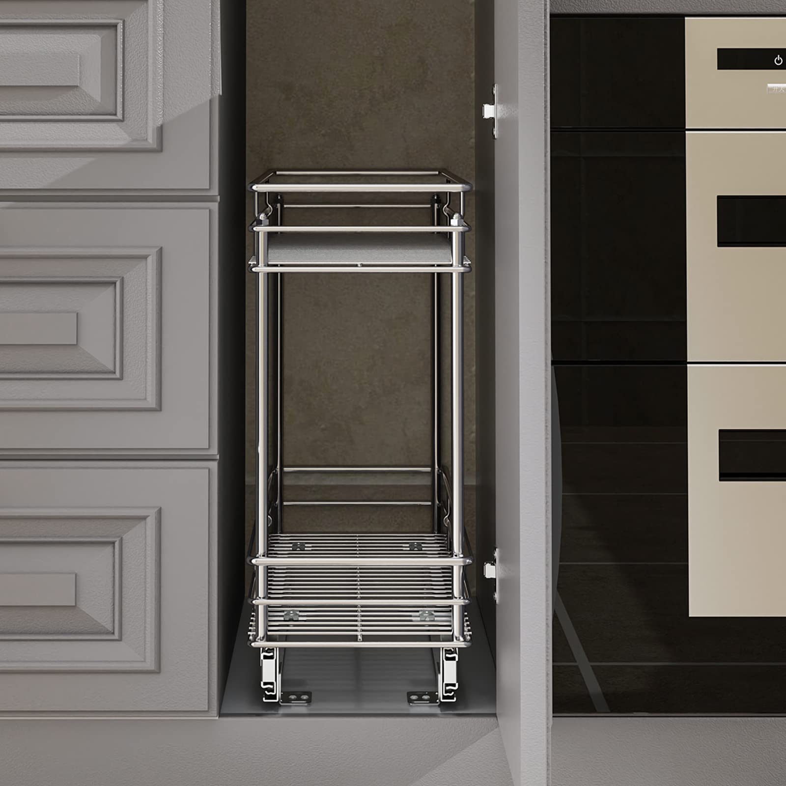 LOVMOR Pull Out Cabinet Organizer and Storage (5" W x 21" D) 2-Tier Pull Out Shelf Storage for Kitchen Base Cabinet Silver(5" W x 21" D, Silver, Roll on Top)