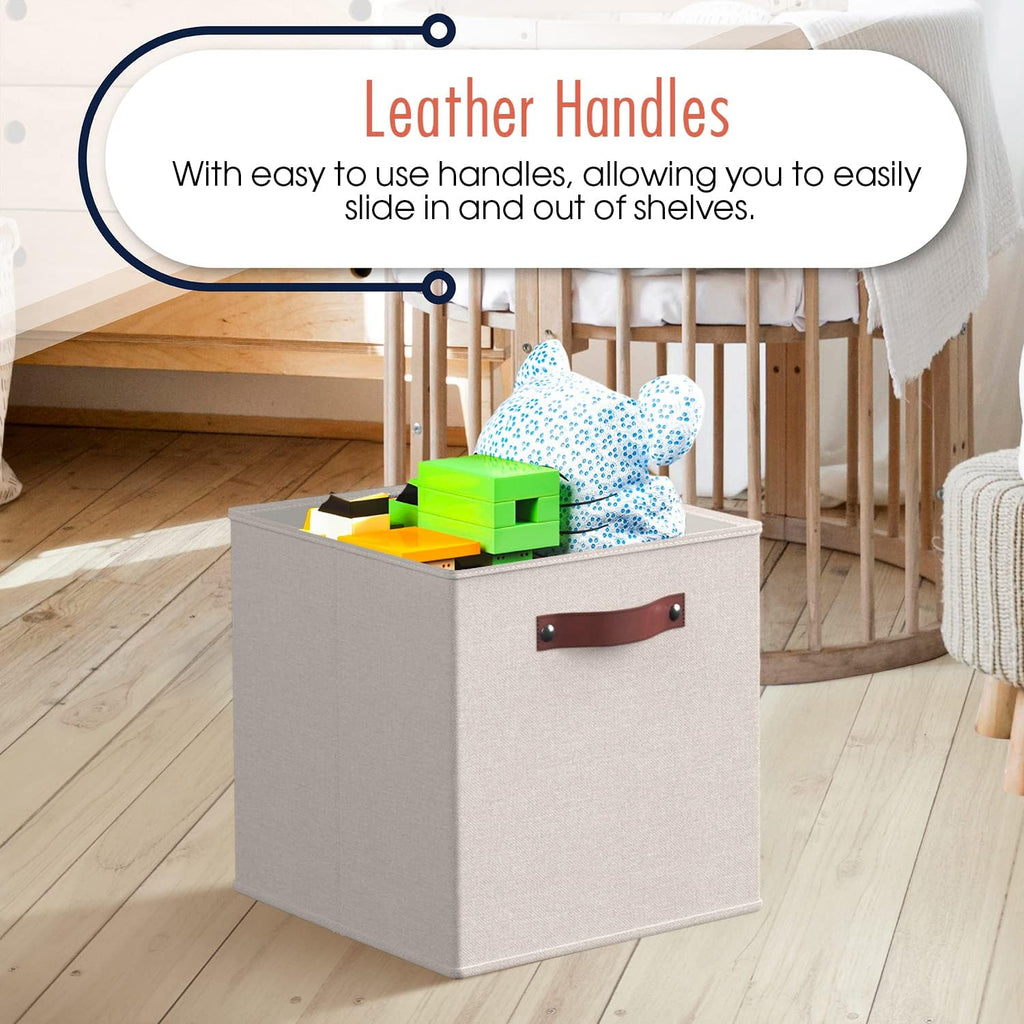 Ornavo Home Storage Cube Bins - Foldable Fabric Organizer with Leather Handles | 13x13, Beige, 6 Pack