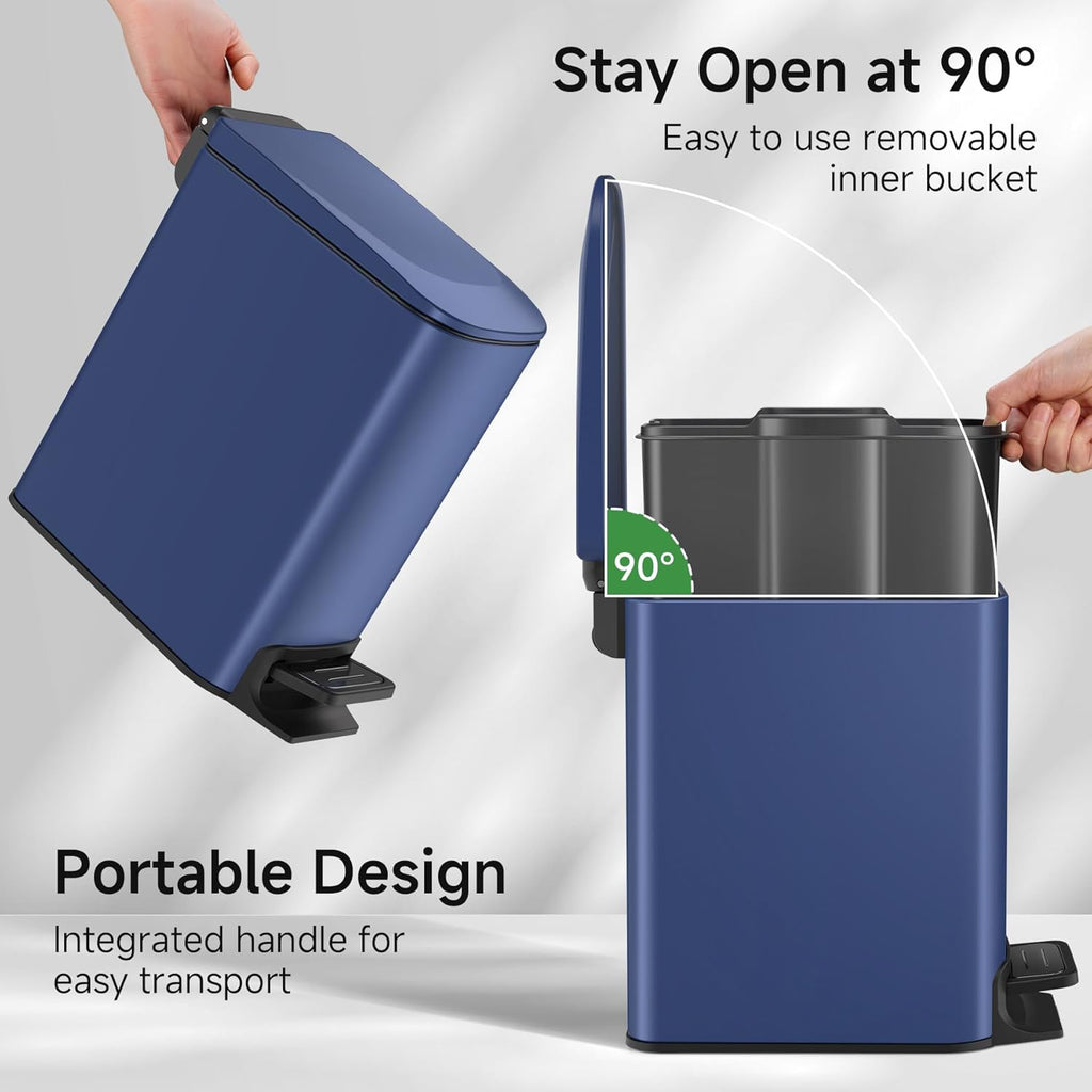 TIPGO Slim Bathroom Trash Can - Soft Close Lid & Step Pedal - 6L Stainless Steel Bin in Navy Blue