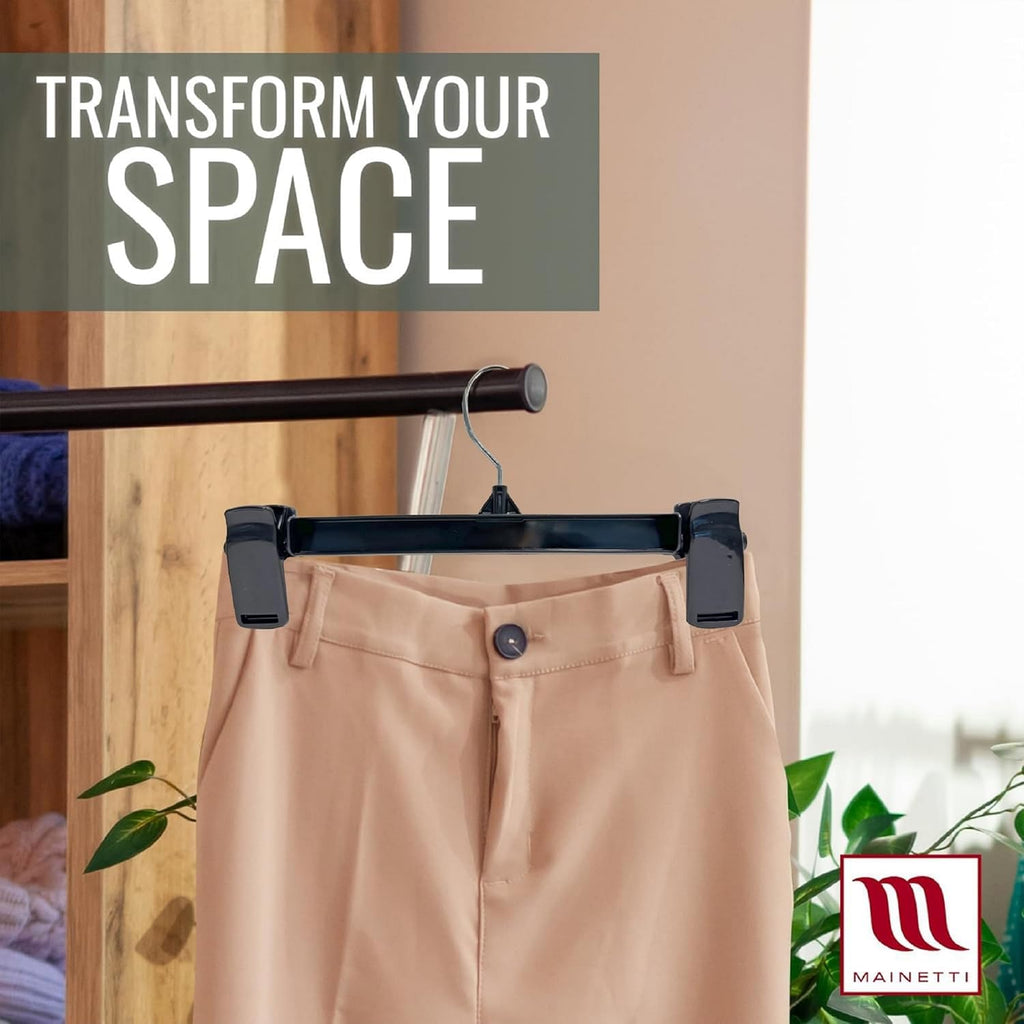 Mainetti Black Plastic Clothes Hangers - 100 Pack | 12-Inch Space-Saving Design with 360° Swivel Hook & Non-Slip Clips | Perfect for Pants, Skirts, and Shorts