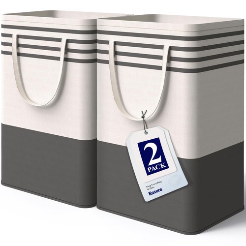 Kitsure Laundry Hamper - 2-Pack Collapsible Laundry Baskets with Well-Stitched Handles, Free-Standing Clothes Hamper with Rigid Top Edge for Household, Dorm Use, 2 x 75L, Black
