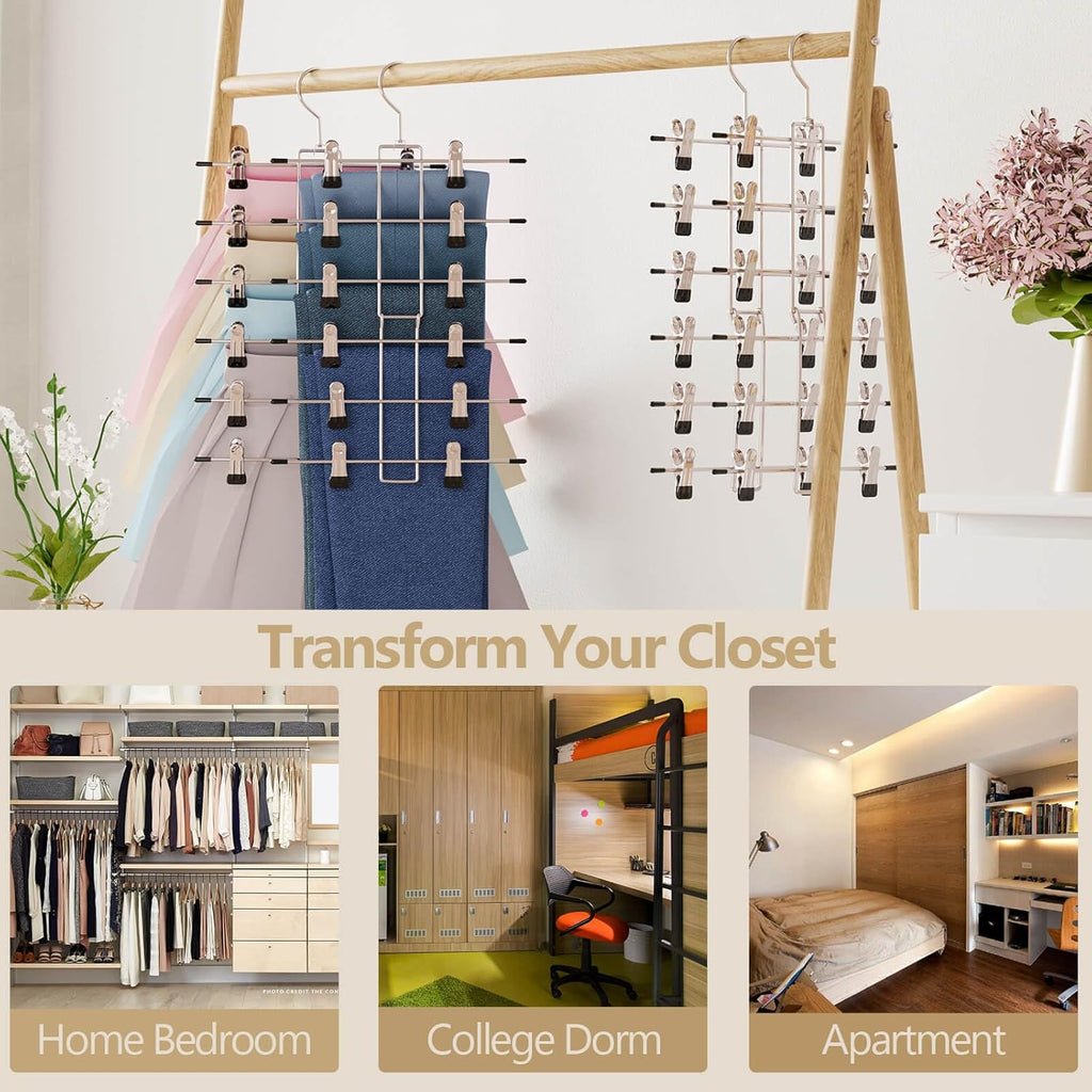 Skiennix Pants Hangers with Clips - Space-Saving 6-Tier Closet Organizer | 360° Swivel Hook - 6 Pack