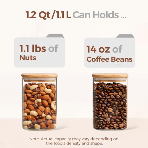 ComSaf Glass Storage Containers - 1.2 QT Square Jars with Lids for Pantry Organization - Set of 2