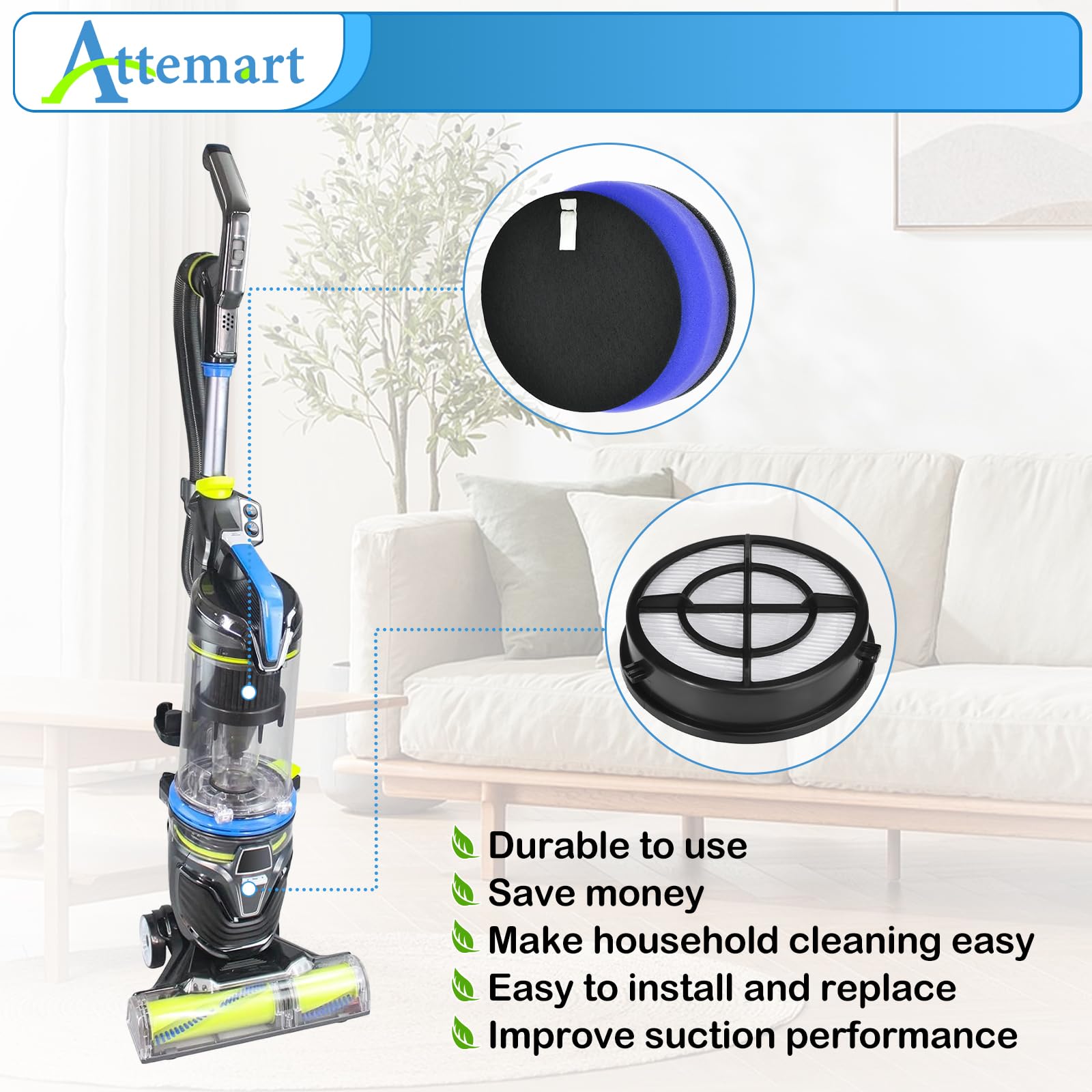 Attemart 2790 Filter Replacement for Bissell Pet Hair Eraser Turbo Pro/Plus Vacuum 27909 2790W 2281 2461 3126 31269, for Bissell Pet Hair Eraser Turbo 2475, Replace to part # 1606751 & 1603437, 4 Pack