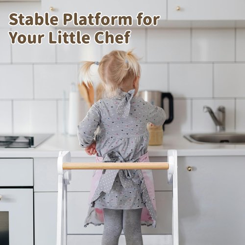 TDKDHoming Foldable Toddler Tower Preassembled Kitchen Stool, Folding Tower for Learning with 3 Adjustable Heights Montessori Toddler Standing Tower Collapsible Step Stool for Kids 1.5-6y，White