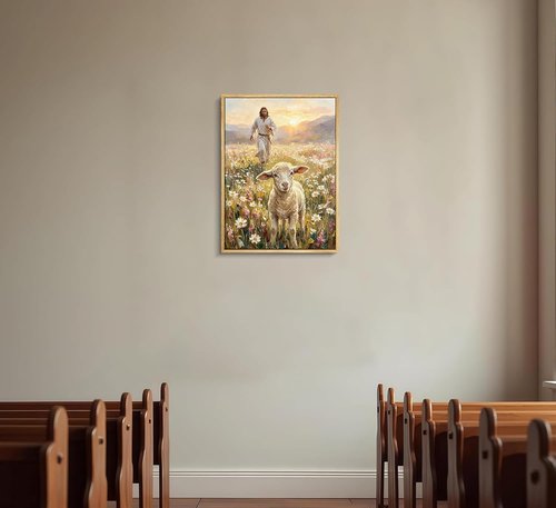Framed Jesus and Lamb Canvas Wall Art - Inspiring Christian Decor for Bedroom or Prayer Room