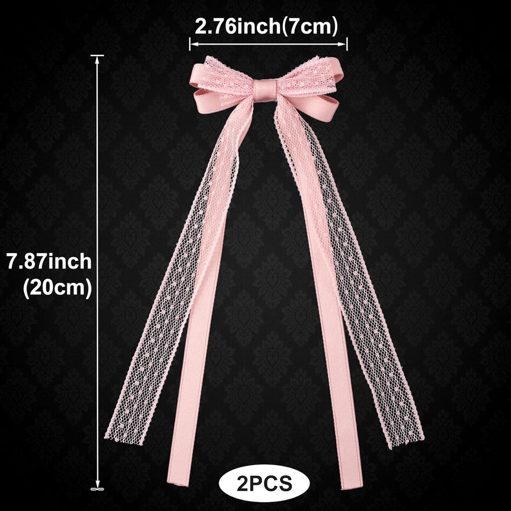 Skiennix Pink Lace Hair Bows - Cute Coquette Bow Clips with Long Tail Ribbons for Women | Perfect for Weddings & Events