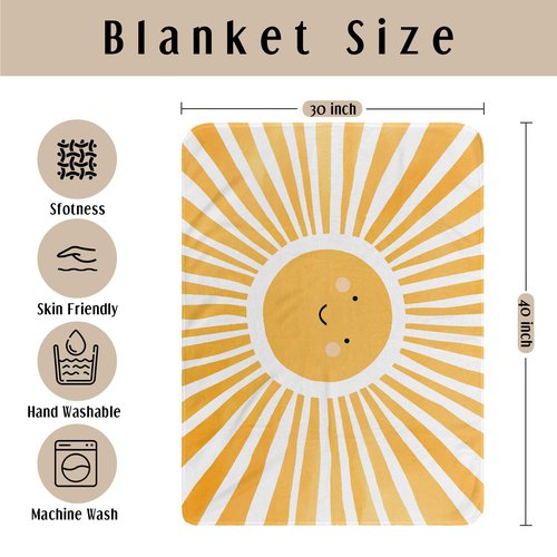 HIWX Boho Sun Kids Blanket, Boho Blankets, Bohemia Yellow Abstract Smily Sunshine Throw Blanket for Kids Girls Boys Nursery Toddler Room Bedroom Home Office Couch Bed Decor, 40x30 Inches