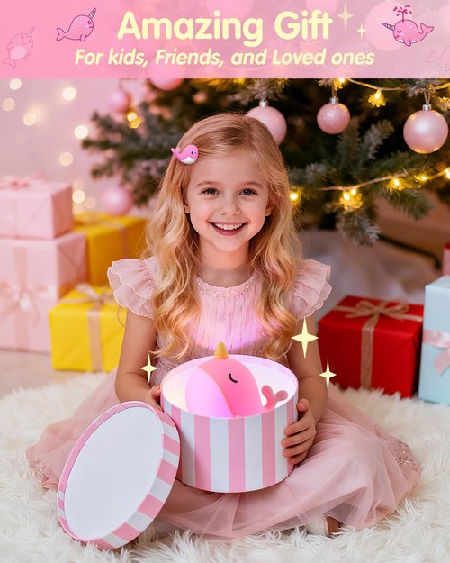 Fuloon Narwhal Night Light with Whale Shape, Squishy Silicone Kids Lamp, Safe & Soothing Touch Control for Kids and Babies, USB-C Rechargeable, 30-Min Auto Timer, Gift Idea (Pink)
