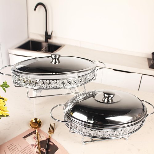 jinsongdafa Casserole Dish 13" x 9" Glass Baking Dish with Stainless steel Lid and rack, Silver oval 2.5 Qt Large Baking Pan For Casserole & Lasagna, Microwave Dishwasher Freezer Oven Safe