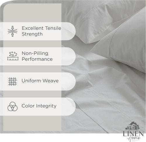 Linen Home 100% Cotton Percale Queen Sheets Set - Crisp White, Deep Pocket, 4-Piece Bedding Essentials
