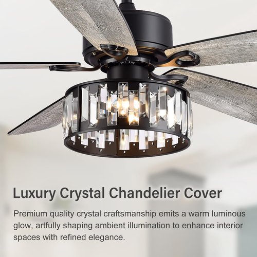 Breezary 52 Inch Farmhouse Ceiling Fan with Light and Remote, Quiet Reversible AC Motor, 5 Blades, Industrial Modern Downrod Mount Black Ceiling Fan with Crystal Light Fixture for Bedroom