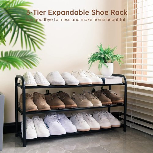 Gonfoam 3-Tier Expandable Shoe Rack - Adjustable Heavy-Duty Metal Storage Organizer | Black