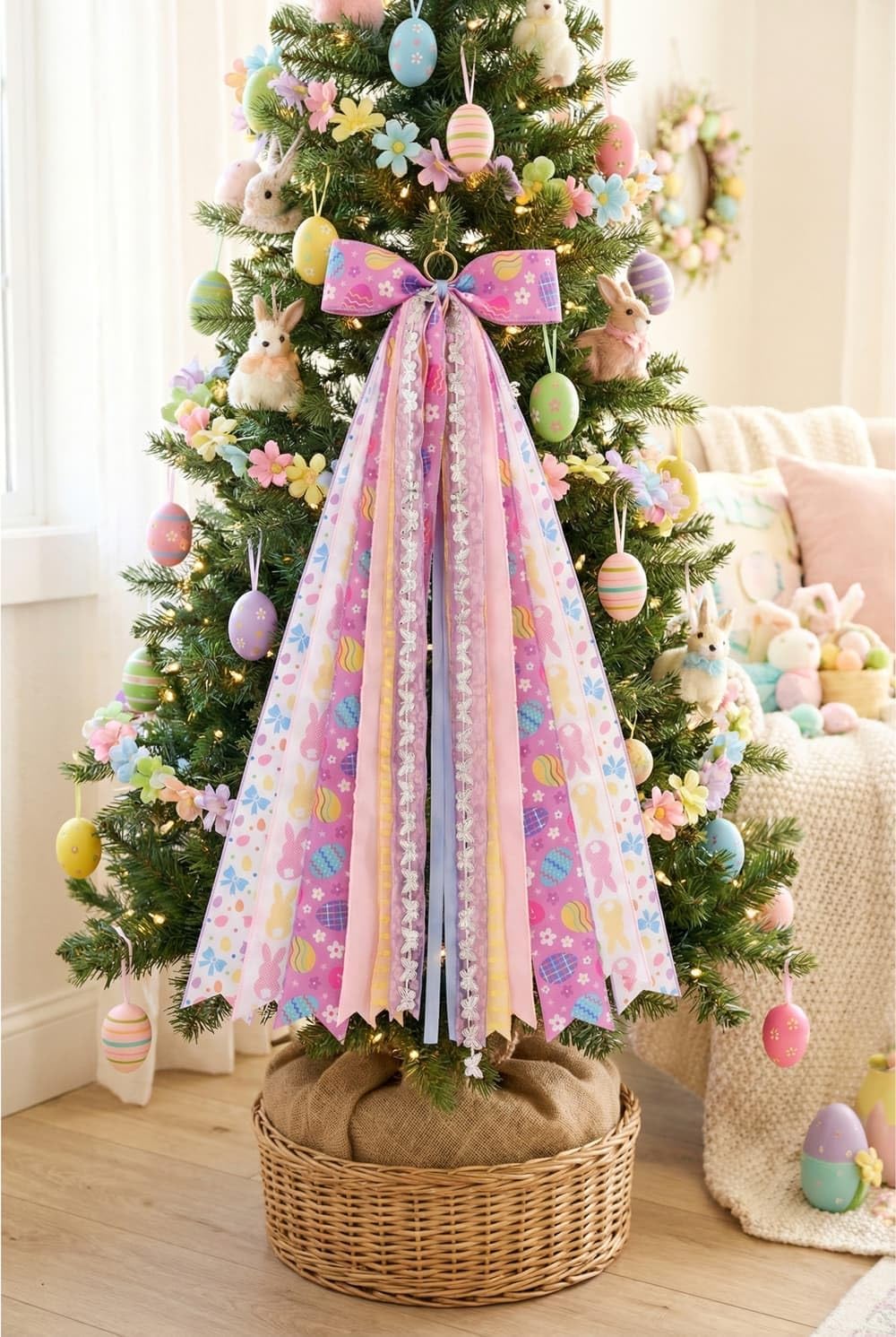 YKW Easter Bow Door Decoration - 27.5" Purple Lavender Floral Wreath with 8 Ribbons | Ready to Hang