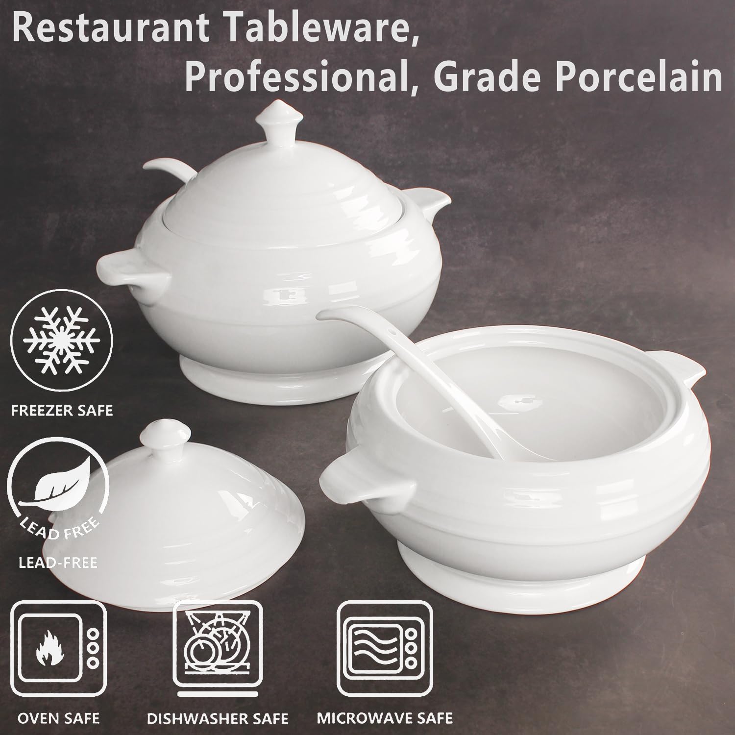 Creativity Home Casserole Dish with Serving Handles, 2.7 Qt soup Tureen With Lid and a 9.4-inch Spoon, for Dinner and Party Microwave Safe 11.6 Inch