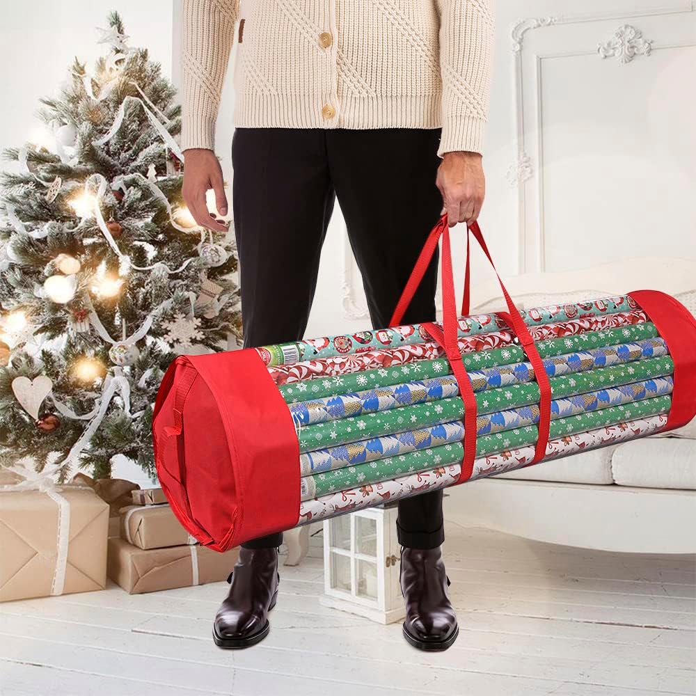 ProPik Gift Wrap Organizer - Heavy-Duty Wrapping Paper Storage Bag | Holds 24 Rolls, 40 Inch Long, Red & Clear