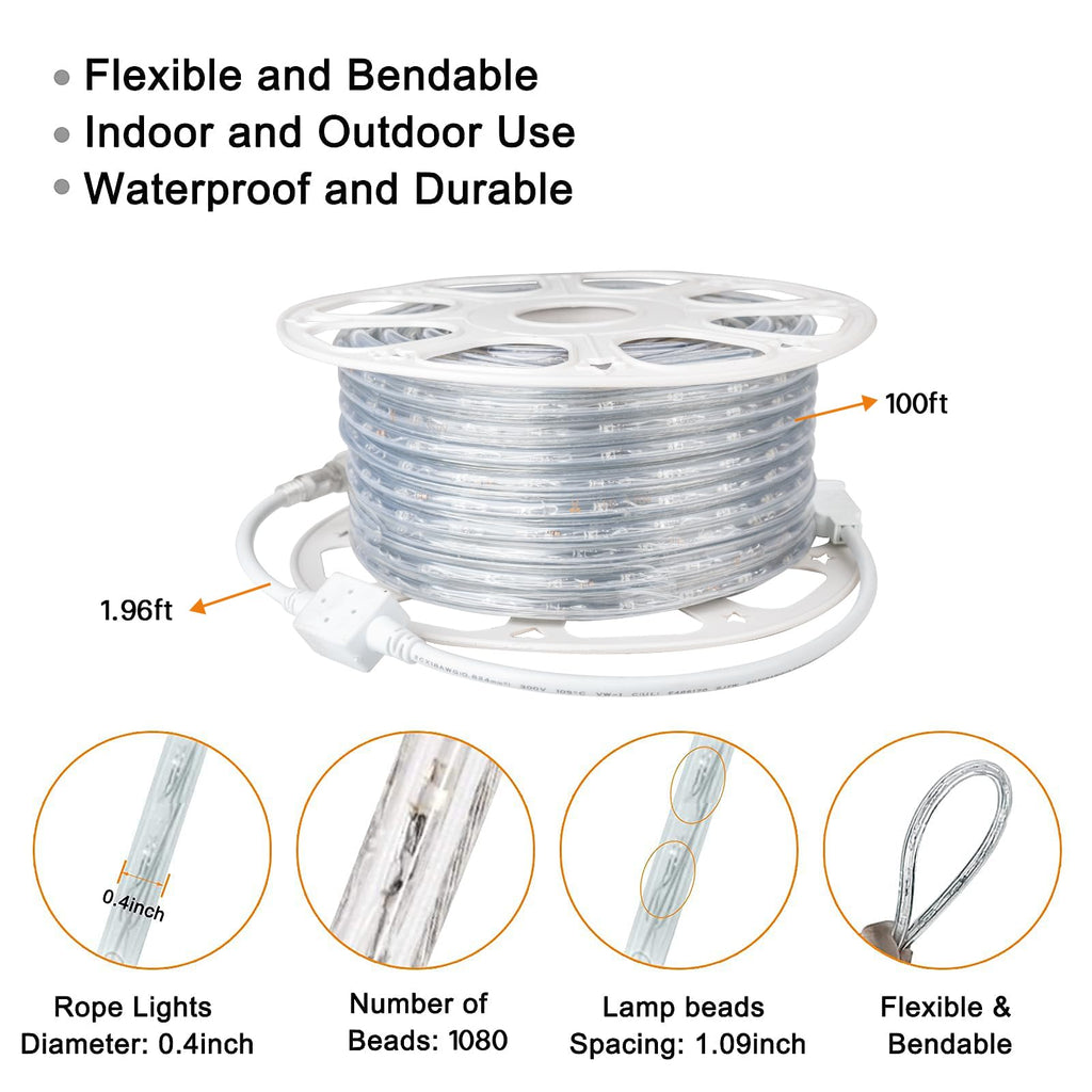 SURNIE LED Rope Lights Outdoor Warm White, Waterproof 100FT Cuttable 3000K Soft Lighting Indoor 110V Connectable Flexible Clear Tube for Bedroom Outside Garden Deck Patio Camping Decor, Not Flat Strip