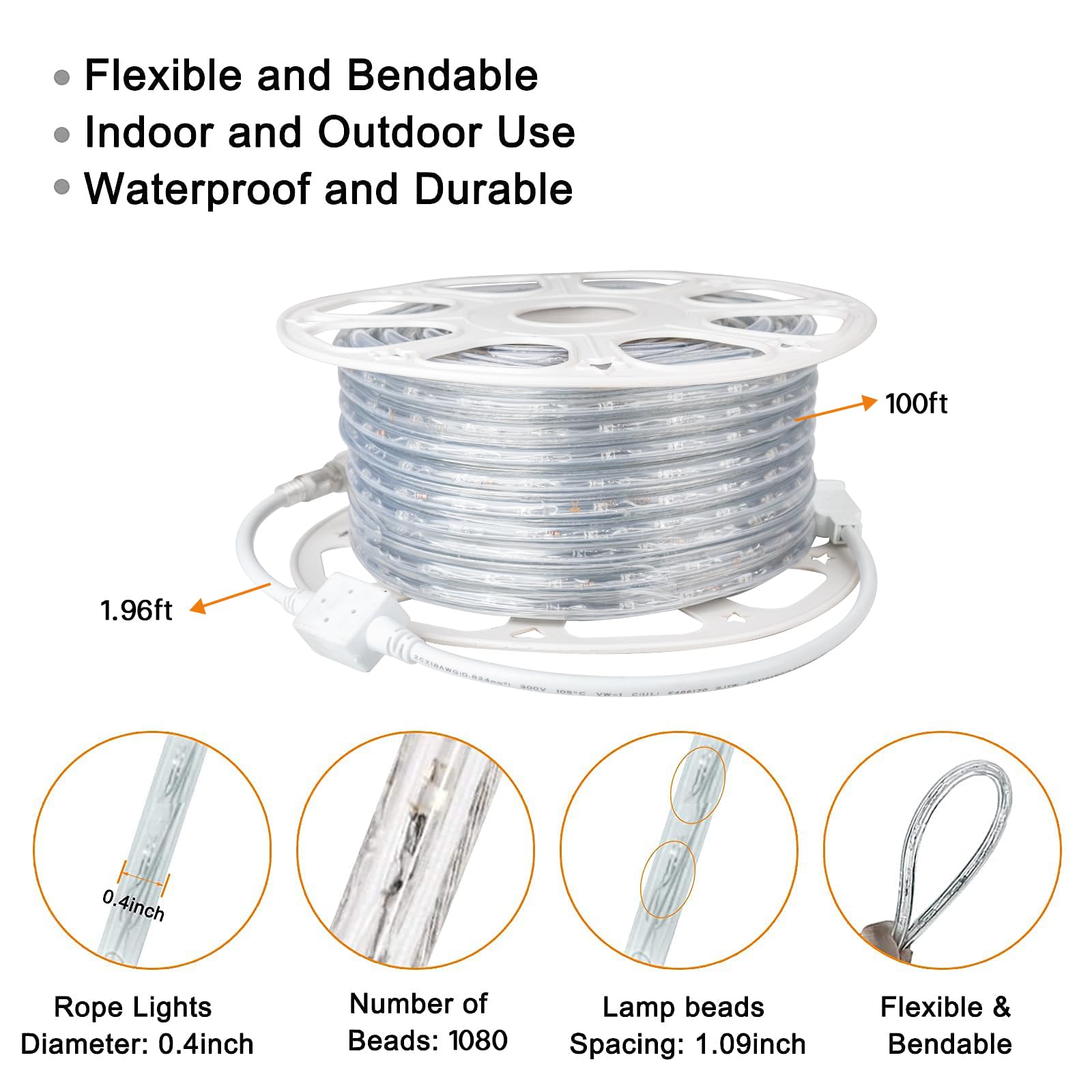 SURNIE LED Rope Lights Outdoor Warm White, Waterproof 100FT Cuttable 3000K Soft Lighting Indoor 110V Connectable Flexible Clear Tube for Bedroom Outside Garden Deck Patio Camping Decor, Not Flat Strip
