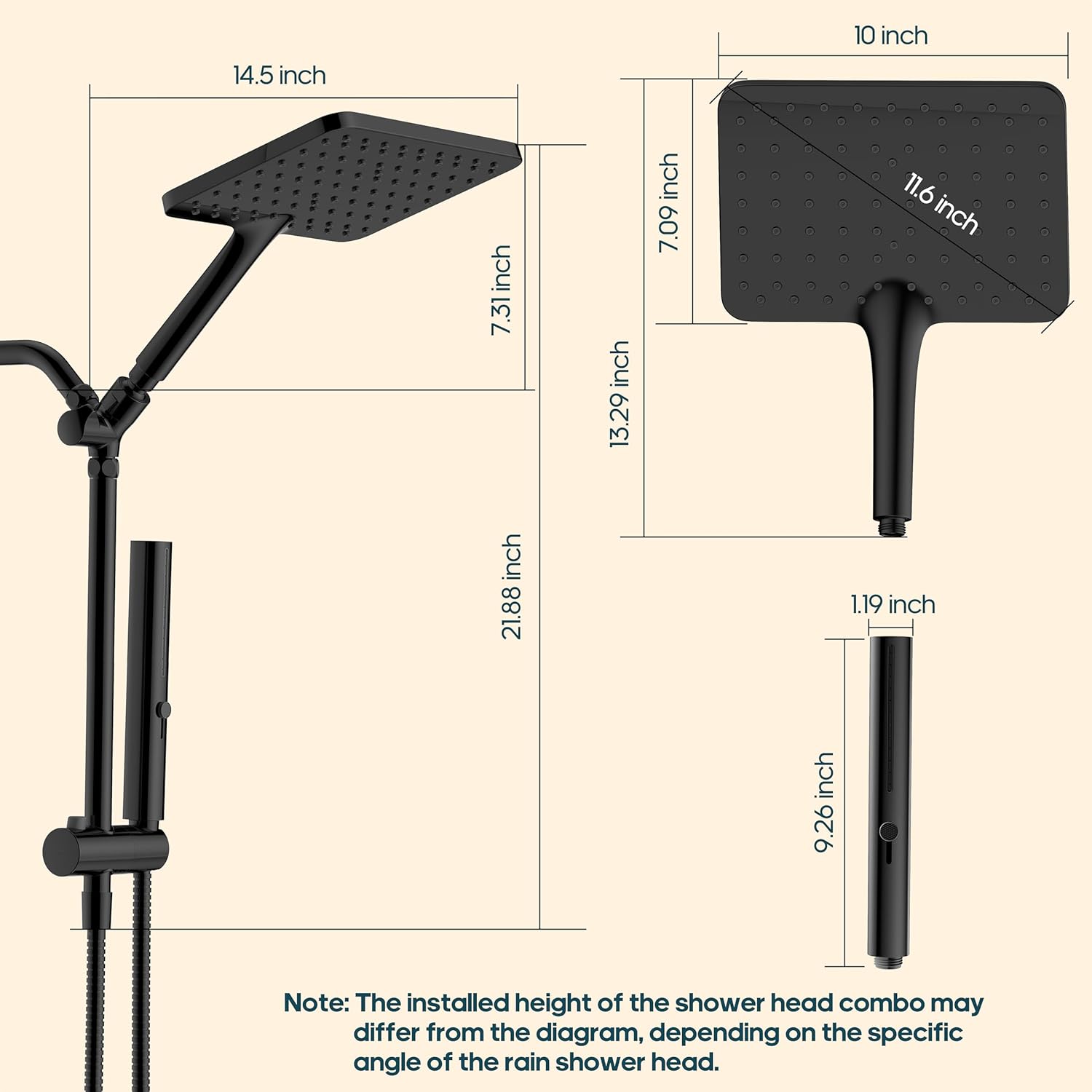 Skiennix High Pressure Rain Shower Head - 10 Inch Square Rainfall Shower System with Handheld Combo, Matte Black