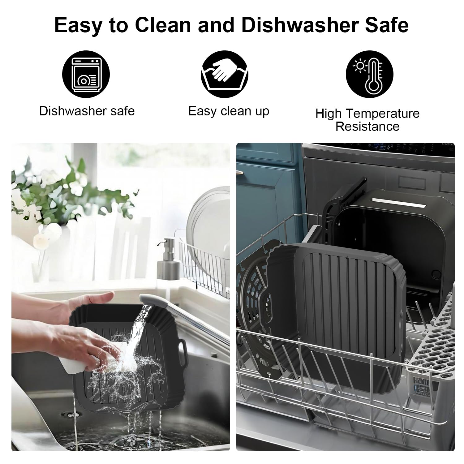 PINTAUR 9-Inch Large Square Silicone Air Fryer Liners for Ninja AF141 AF181 AF142 Cosori 6QT, 2 Pack Silicone Pot Baking Accessories for Chefman, Instant, Cuisinart, Reusable Tray Insert 5–8QT