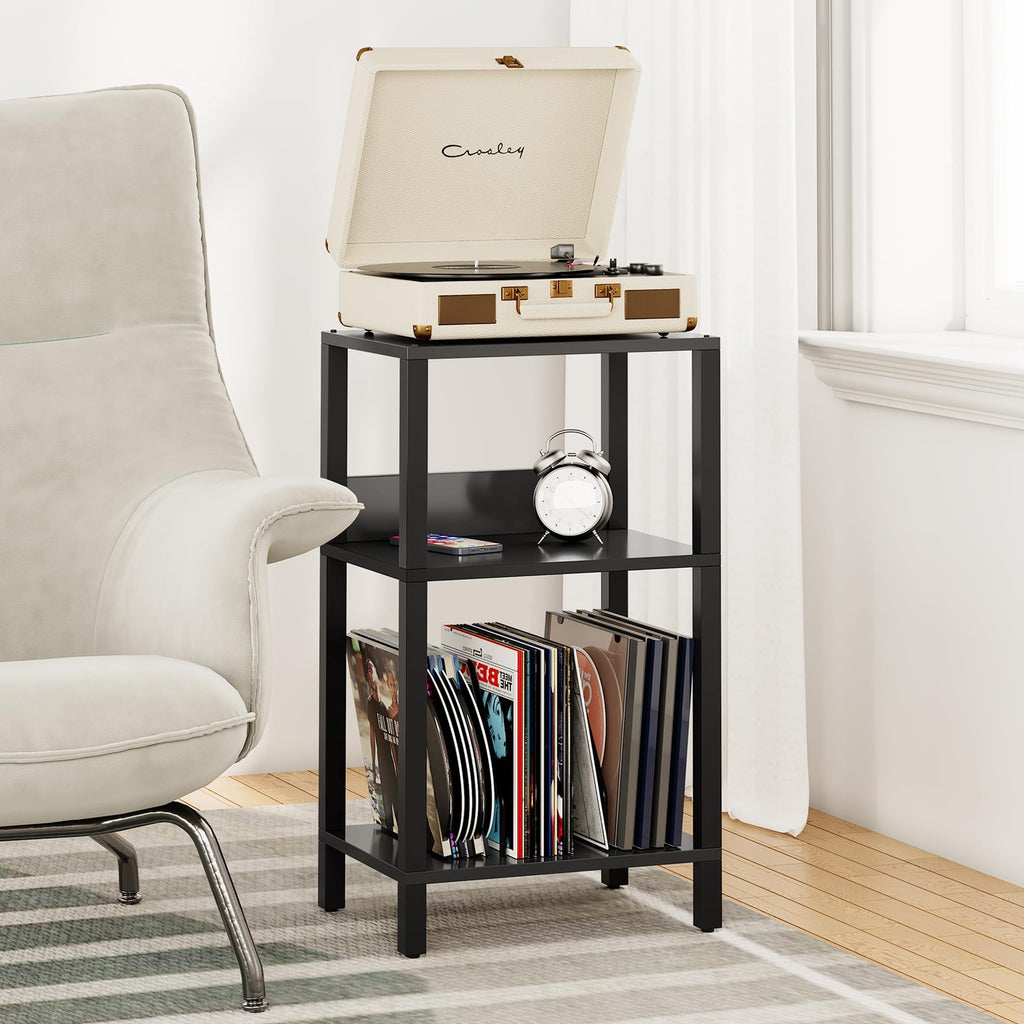 TUTOTAK Record Player Stand with Storage Up to 100 Albums,Record Storage Table,3 Tier End Table,Side Table for Living Room, Bedroom, Black TB01BK075
