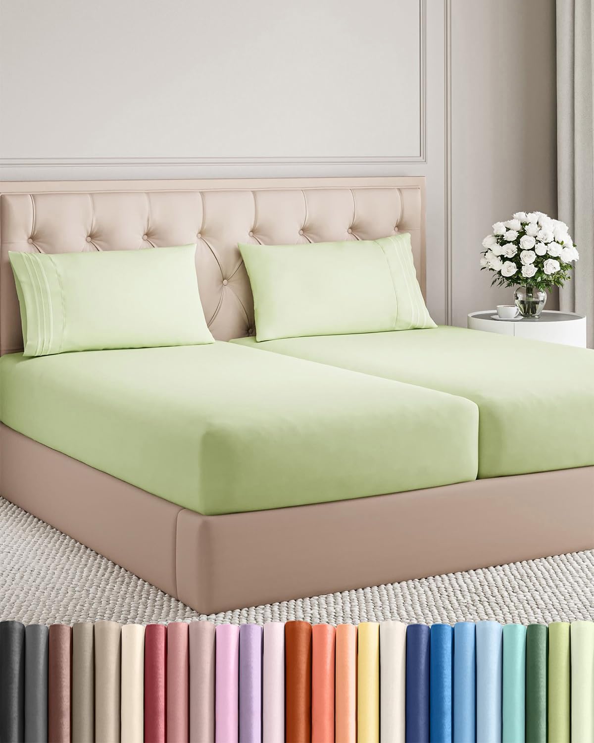 Split King Size 5-Piece Sheet Set - Comfy, Breathable & Cooling Luxury Bedding - Deep Pockets, Wrinkle-Free - Oeko-Tex Certified - Light Sage