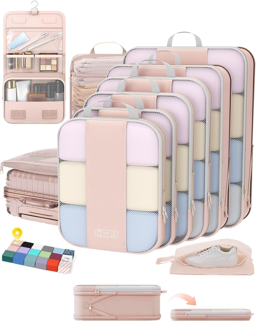 OlarHike Compression Packing Cubes - 10 Set Travel Organizer for Clothes | Space-Saving Beige Bags